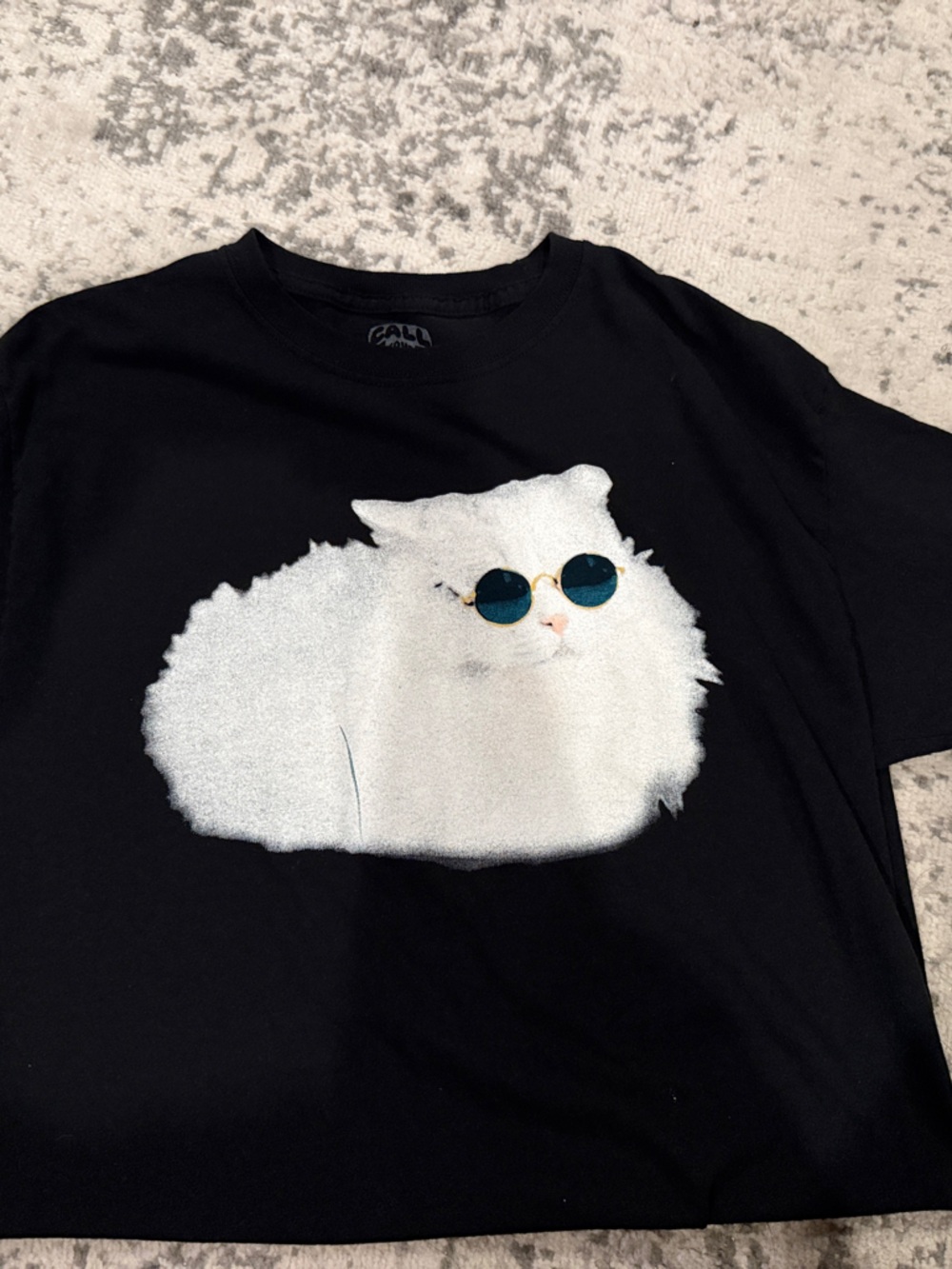 Black Graphic Tee with White Cat Wearing Sunglasses